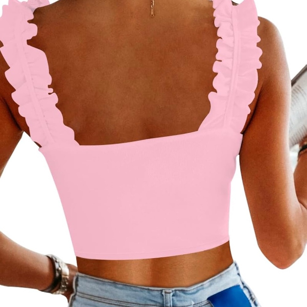 Pink Ruffled Crop Tank Top - Picture 3 of 4